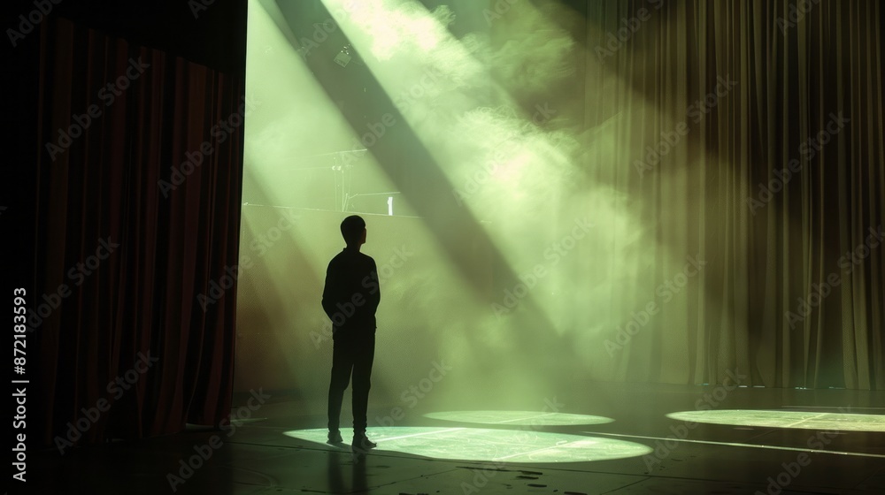 Fototapeta premium Silhouette of a Person Standing on Stage with Dramatic Lighting