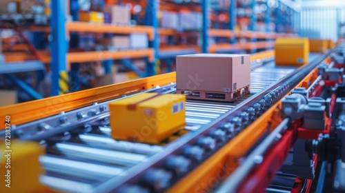 Cardboard boxes move along a conveyor belt in a warehouse setting. The boxes are being transported to their next destination for further processing or shipping.