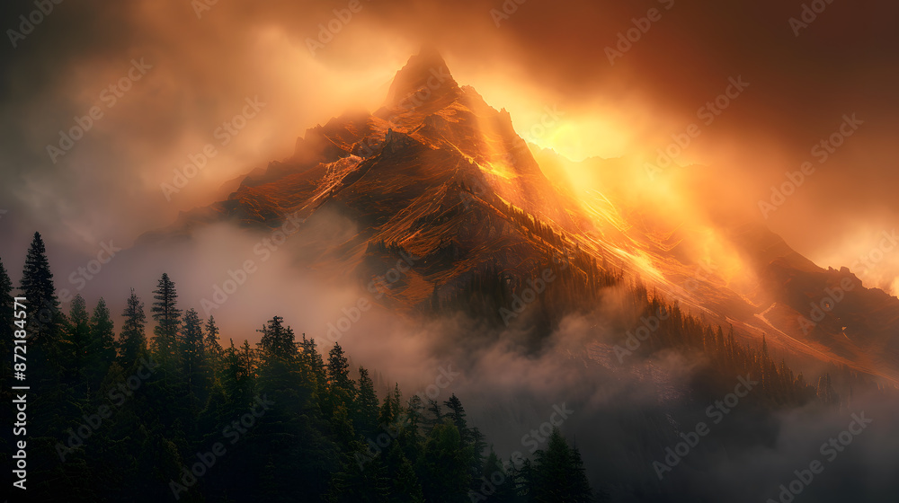 Fototapeta premium A mountain with a sun shining on it