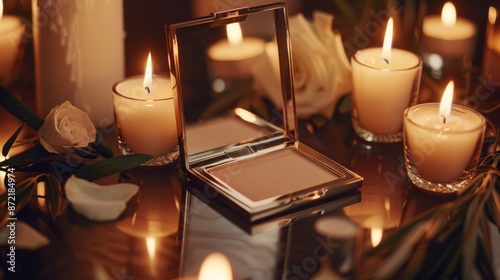 Square powder compact with fliptop mirror, surrounded by evening candles, perfect night, luxurious skincare photo