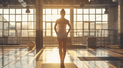 The studio is sunlit as a female ballet dancer performs gracefully, exhibiting elegance and poise in her movements AIG62 photo