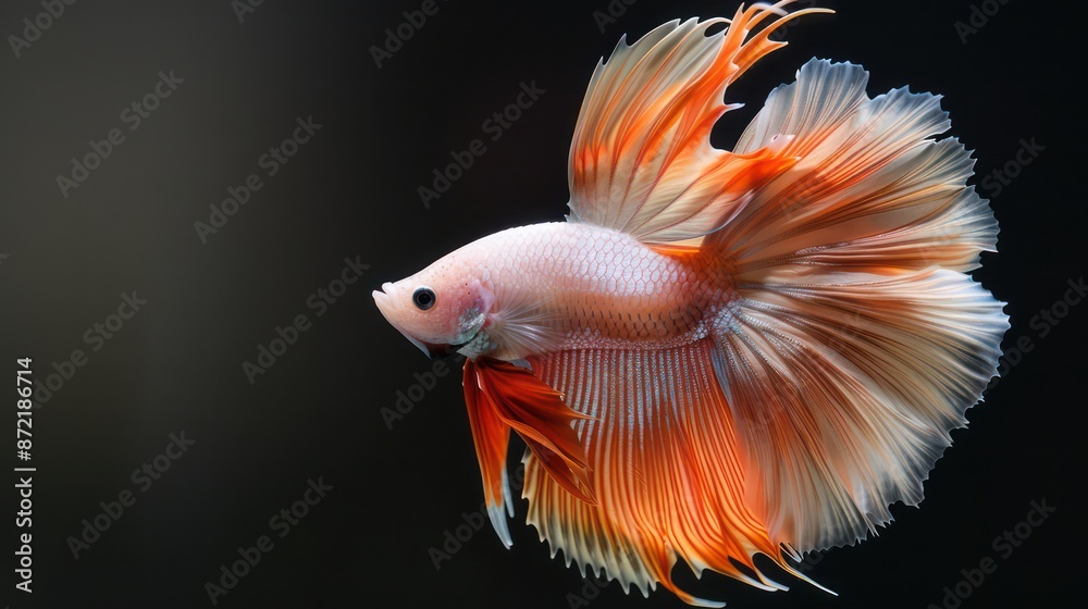 Fototapeta premium Graceful Betta fish with flowing orange and white fins in water.
