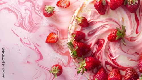 Elegant Strawberry Swirl Cheesecake Banner with Fresh Strawberries and Marbled Pattern