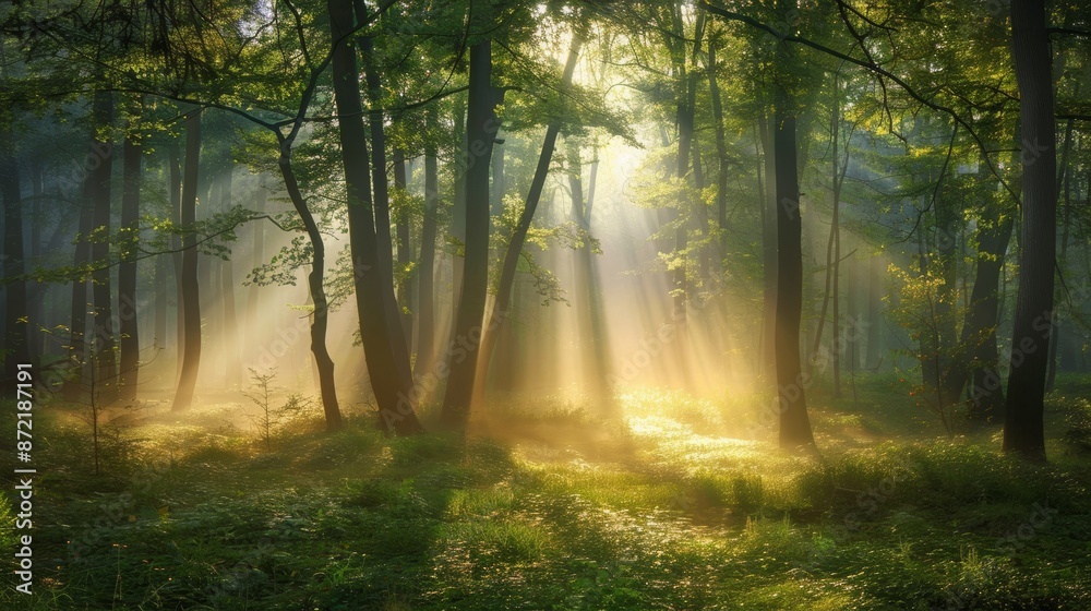 Obraz premium Early morning mist in a forest, sunlight piercing through the fog, tranquil and ethereal