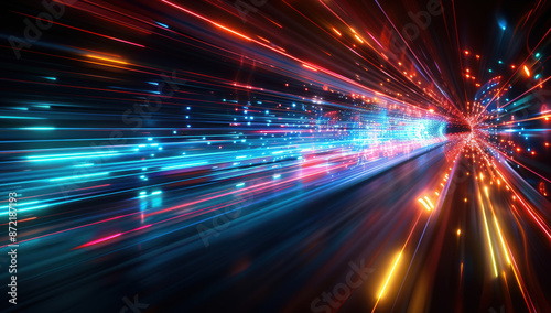 Blue laser beam effect dash with high-speed shine and emit colorful light on dark black background convey sense of energy move in straight line dynamic on cosmic perfect for science fictional.