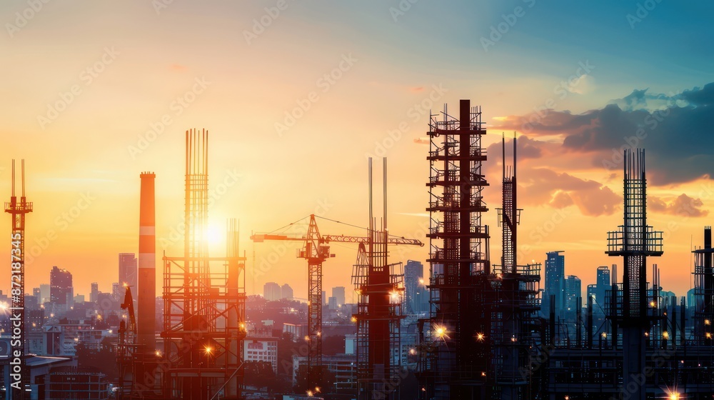 Cityscape at sunset with silhouetted construction cranes and buildings. Cityscape at sunset with silhouetted construction cranes and buildings.