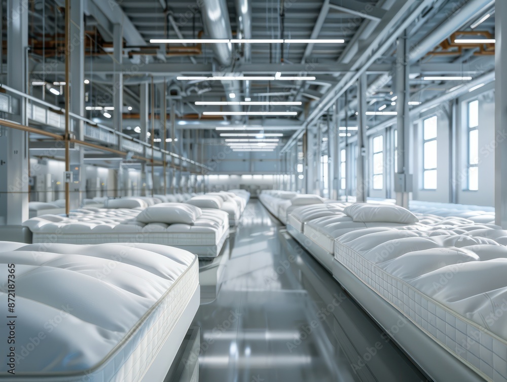 Obraz premium Factory with rows of white mattresses in a precise manufacturing arrangement. Concept Manufacturing, Factory, Rows, Mattresses, Precision