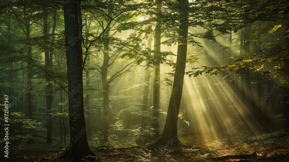 Naklejka premium Early morning forest with dense fog, sunlight filtering through, creating a mystical atmosphere