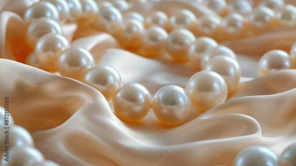 Close-Up of a Pearl Necklace on Satin Fabric Close-Up of a Pearl Necklace on Satin Fabric