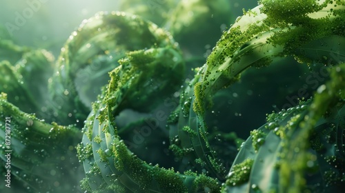 Close-Up of Spirulina Cyanobacteria with Glossy Green Texture - Detailed macro shot of spirulina cyanobacteria showcasing intricate glossy green texture and patterns. Ideal for nature and science them