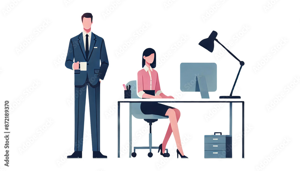 A business man and woman in a professional office setting on a transparent background. The man is standing and holding a cup, dressed in a blue suit A business man and woman in a professional office setting on a transparent background. The man is standing and holding a cup, dressed in a blue suit