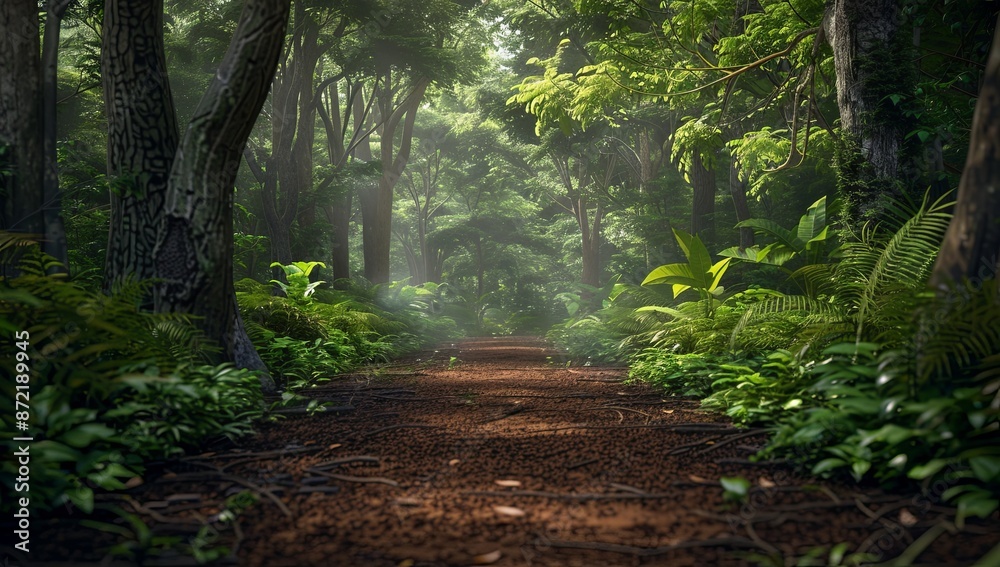 Fototapeta premium Forest Pathway to Solitude: Embracing Nature’s Embrace Amidst Tall Trees and Lush Foliage