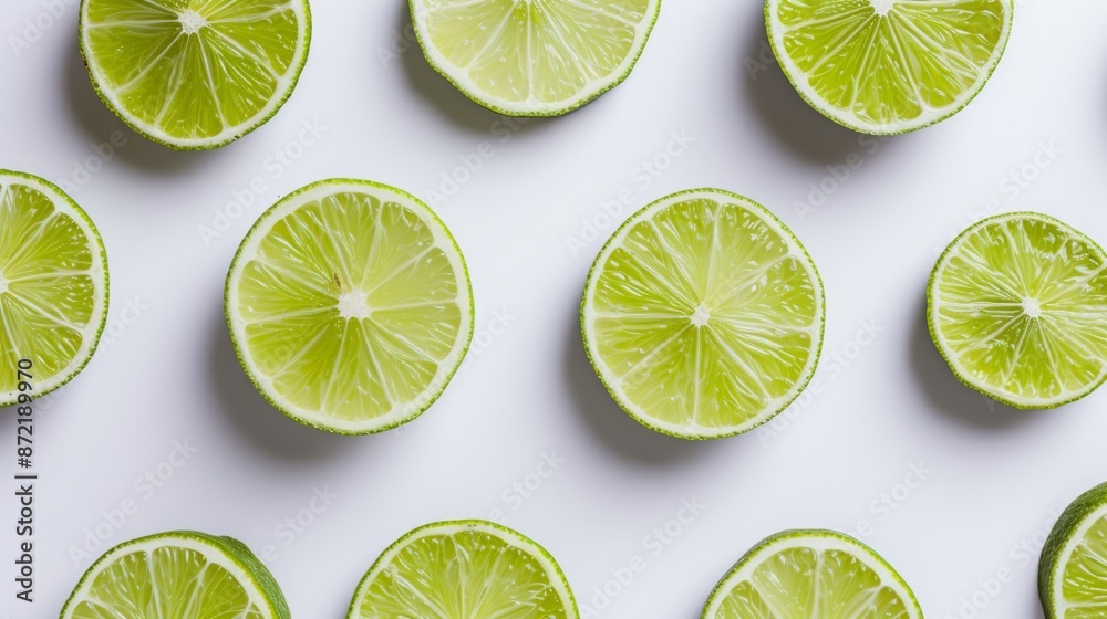 Flat lay of fresh lime slices arranged on a white background Flat lay of fresh lime slices arranged on a white background