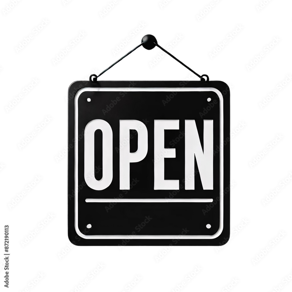 A simple, modern black and white sign that reads 'OPEN'. The sign is depicted as a rectangle with a bold, minimalist design, hung by a single point, on a transparent background A simple, modern black and white sign that reads 'OPEN'. The sign is depicted as a rectangle with a bold, minimalist design, hung by a single point, on a transparent background