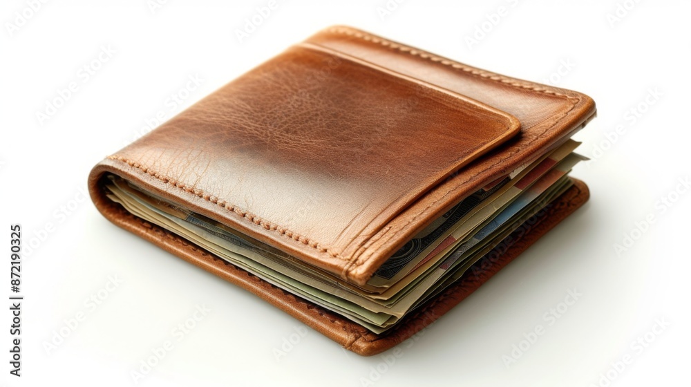 A brown leather wallet filled with banknotes