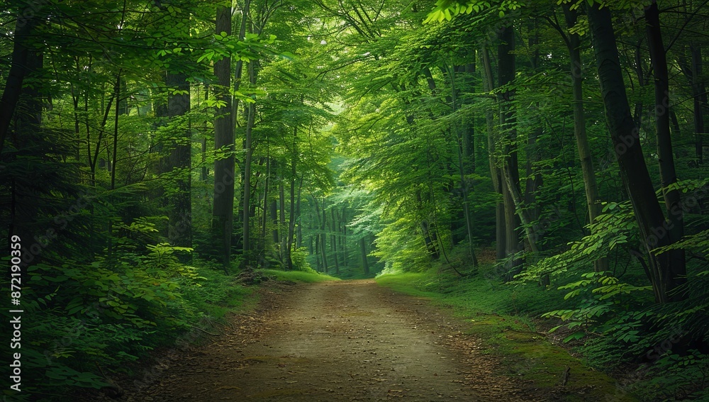 Obraz premium Forest Pathway to Solitude: Embracing Nature’s Embrace Amidst Tall Trees and Lush Foliage