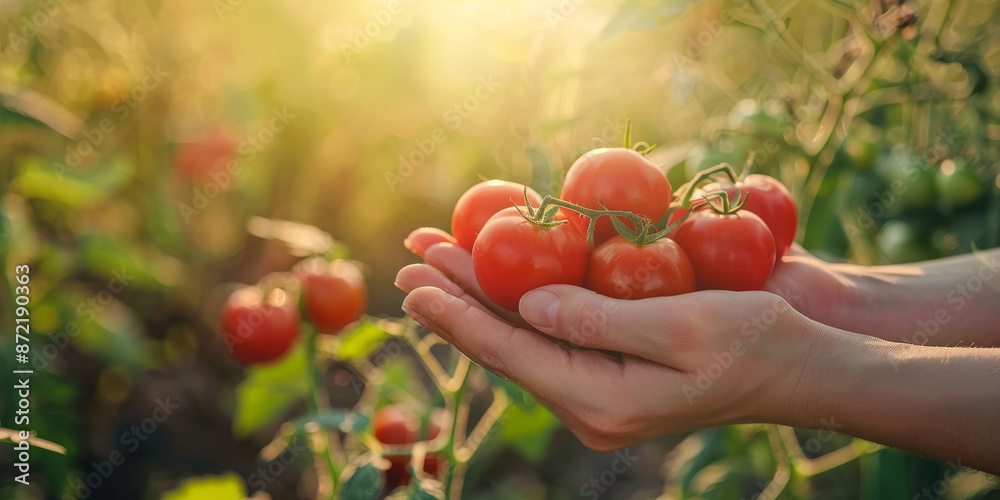 custom made wallpaper toronto digitalHands holding freshly picked tomatoes in a garden, symbolizing harvest, freshness, and organic gardening.
