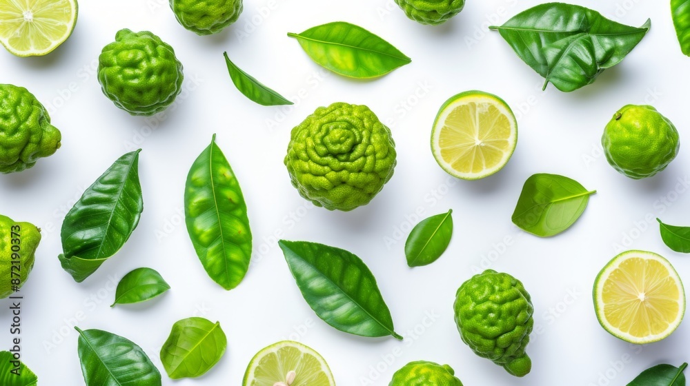 Top view of whole bergamot fruit with leaves on a white background Top view of whole bergamot fruit with leaves on a white background
