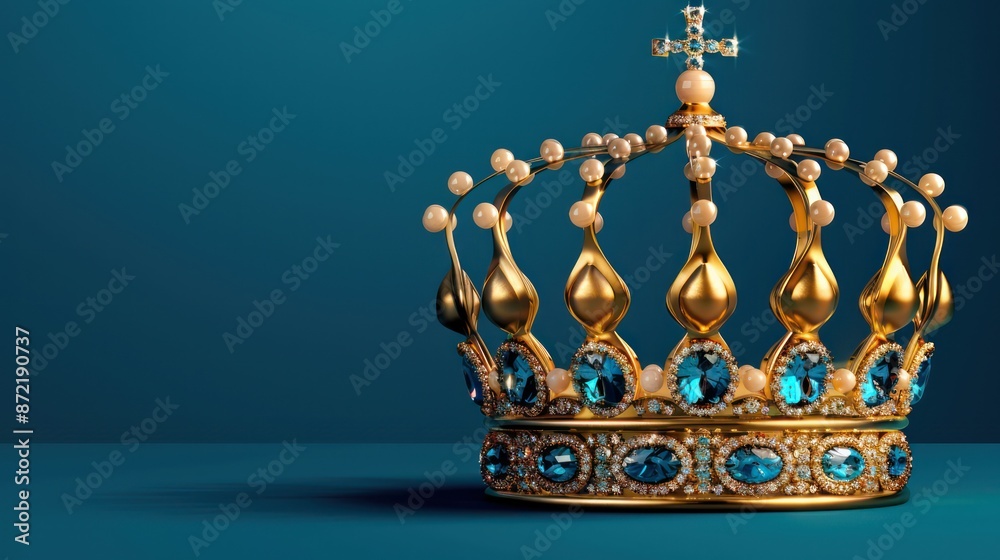 Fototapeta premium Golden crown adorned with jewels and pearls on a blue background.
