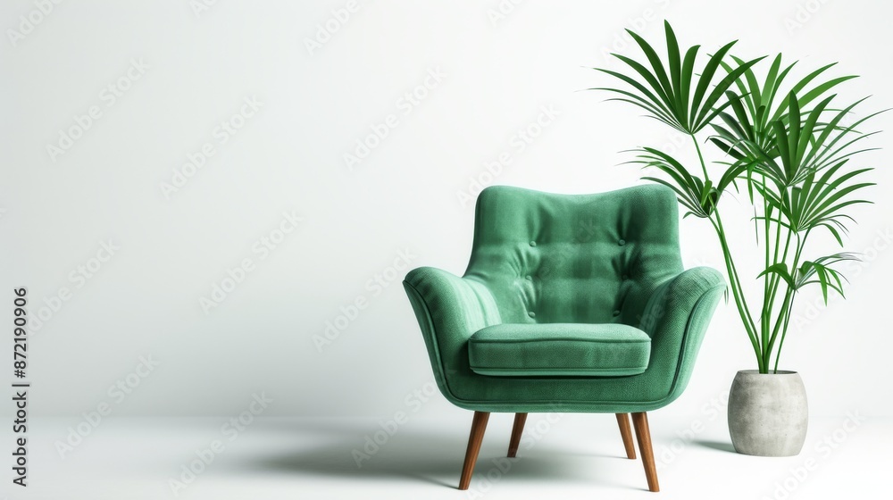Green armchair with a potted plant isolated on a white background Green armchair with a potted plant isolated on a white background