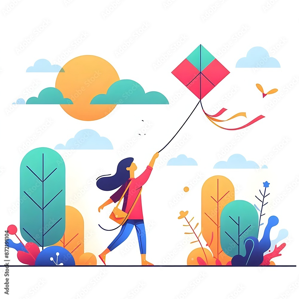 Fototapeta premium A playful girl flying a kite at park in sunshine day, in flat cartoon style, graphic illustration image generative ai