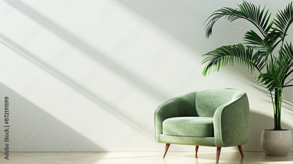 Green armchair paired with a plant, isolated on a white background Green armchair paired with a plant, isolated on a white background