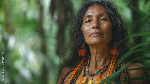 Portrait of old indigenous woman shaman, old woman belonging to indigenous ethnic group of the South American Amazon. Portrait of an indigenous face with its typical ornaments