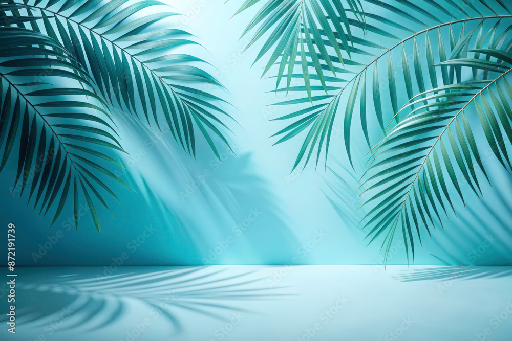 Blurred Shadow from Palm Leaves on Light Blue Wall: Minimal Abstract Background for Product Presentation, Spring and Summer Blurred Shadow from Palm Leaves on Light Blue Wall: Minimal Abstract Background for Product Presentation, Spring and Summer