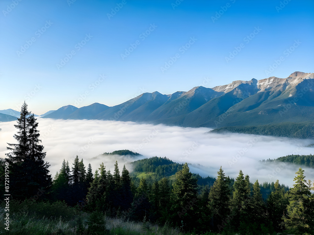 Mountains shrouded in morning fog exude a sense of tranquility and mystery, their hidden peaks emerging softly through the haze Mountains shrouded in morning fog exude a sense of tranquility and mystery, their hidden peaks emerging softly through the haze