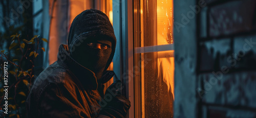 A burglar in a black mask peering through blinds, evoking suspense and danger, highlighting a home invasion.