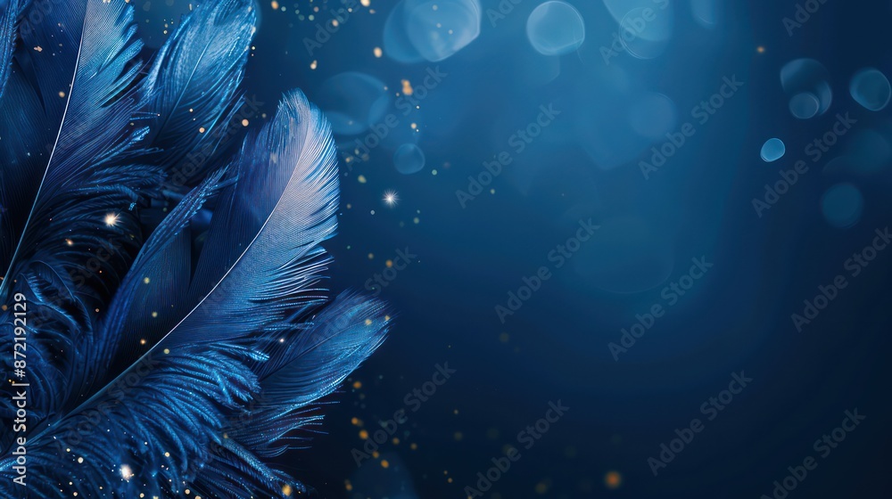 Obraz premium Elegant blue feathers with golden sparkles and bokeh effects