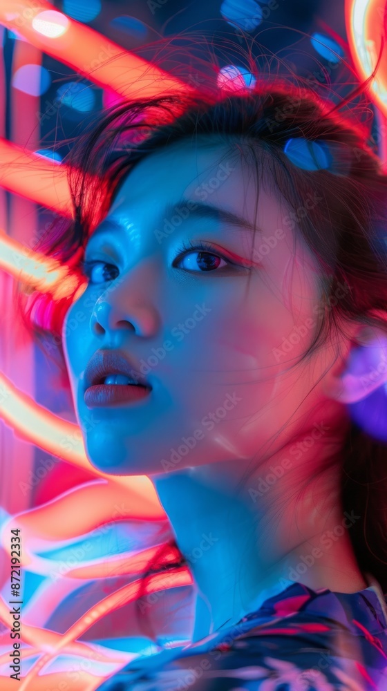 Fototapeta premium Asian girl with neon light trails around her, symbolizing modernity and energy.