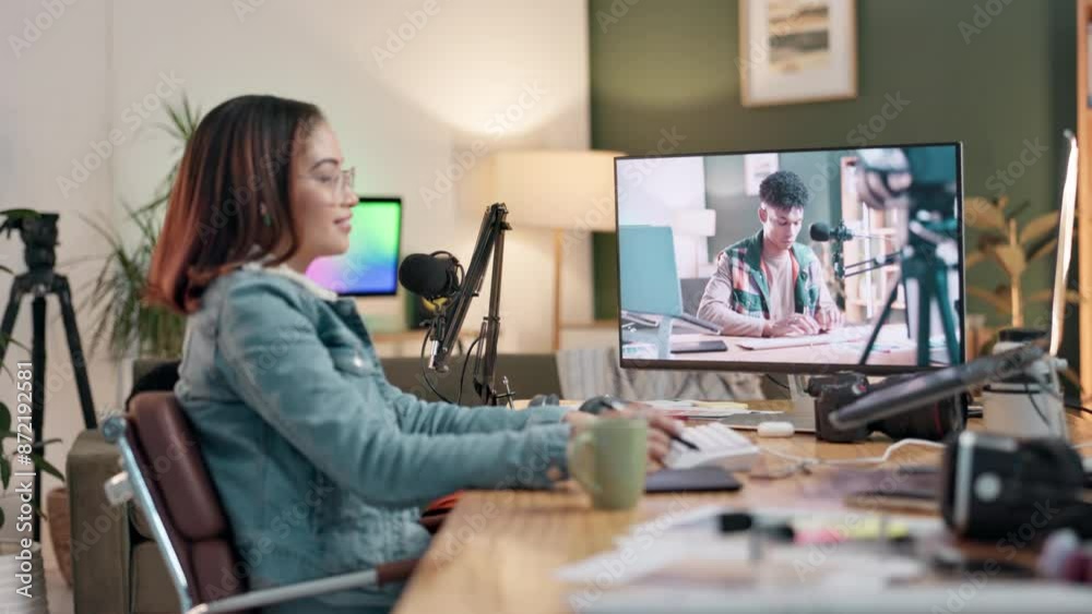 Watching, woman and editing video on computer screen for mistakes removal, consistency and freelance. Home studio, female editor and laptop for content creation, visual and audio effects for podcast Watching, woman and editing video on computer screen for mistakes removal, consistency and freelance. Home studio, female editor and laptop for content creation, visual and audio effects for podcast