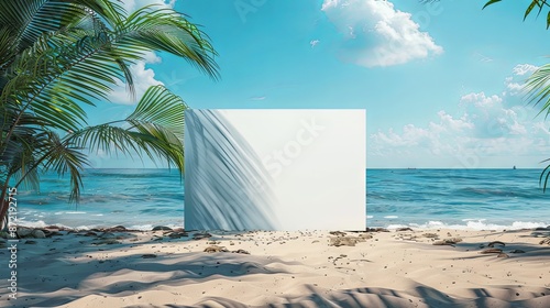 Mockup of a blank cover white poster sign with a beach summer vacation background