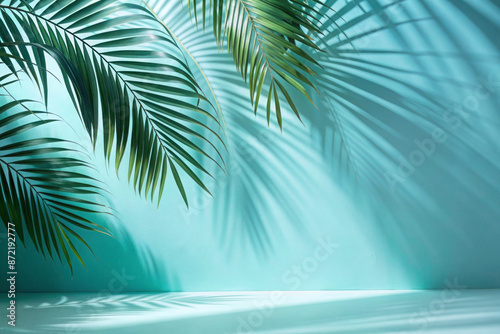 Blurred Shadow from Palm Leaves on Light Blue Wall: Minimal Abstract Background for Product Presentation, Spring and Summer