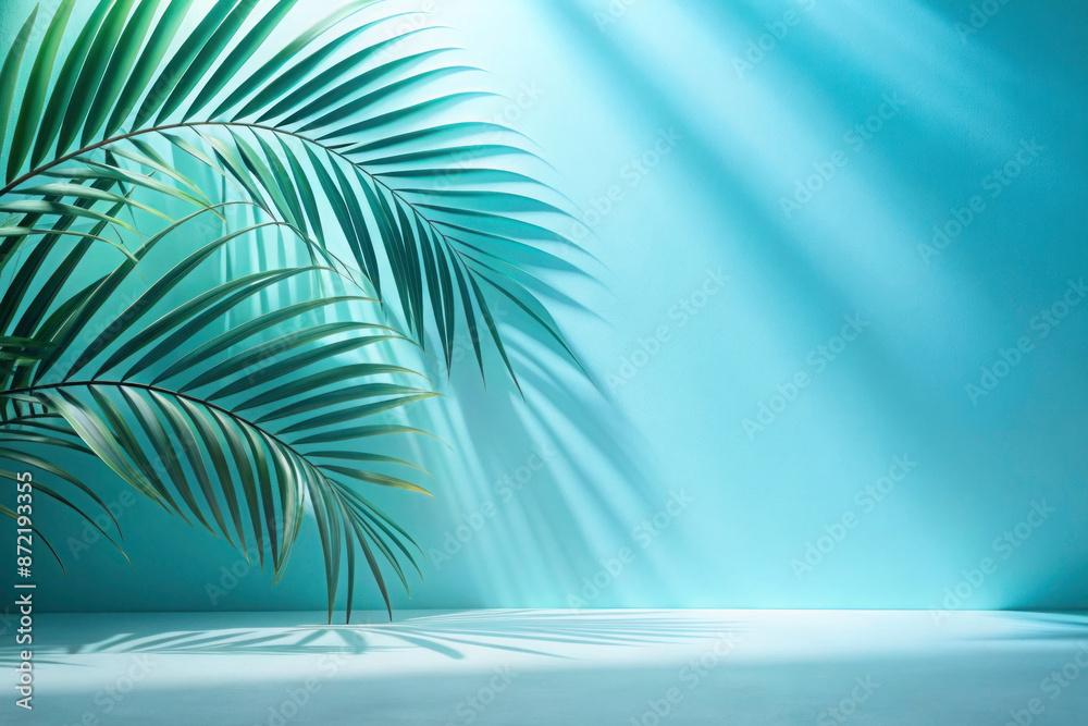 Blurred Shadow from Palm Leaves on Light Blue Wall: Minimal Abstract Background for Product Presentation, Spring and Summer Blurred Shadow from Palm Leaves on Light Blue Wall: Minimal Abstract Background for Product Presentation, Spring and Summer