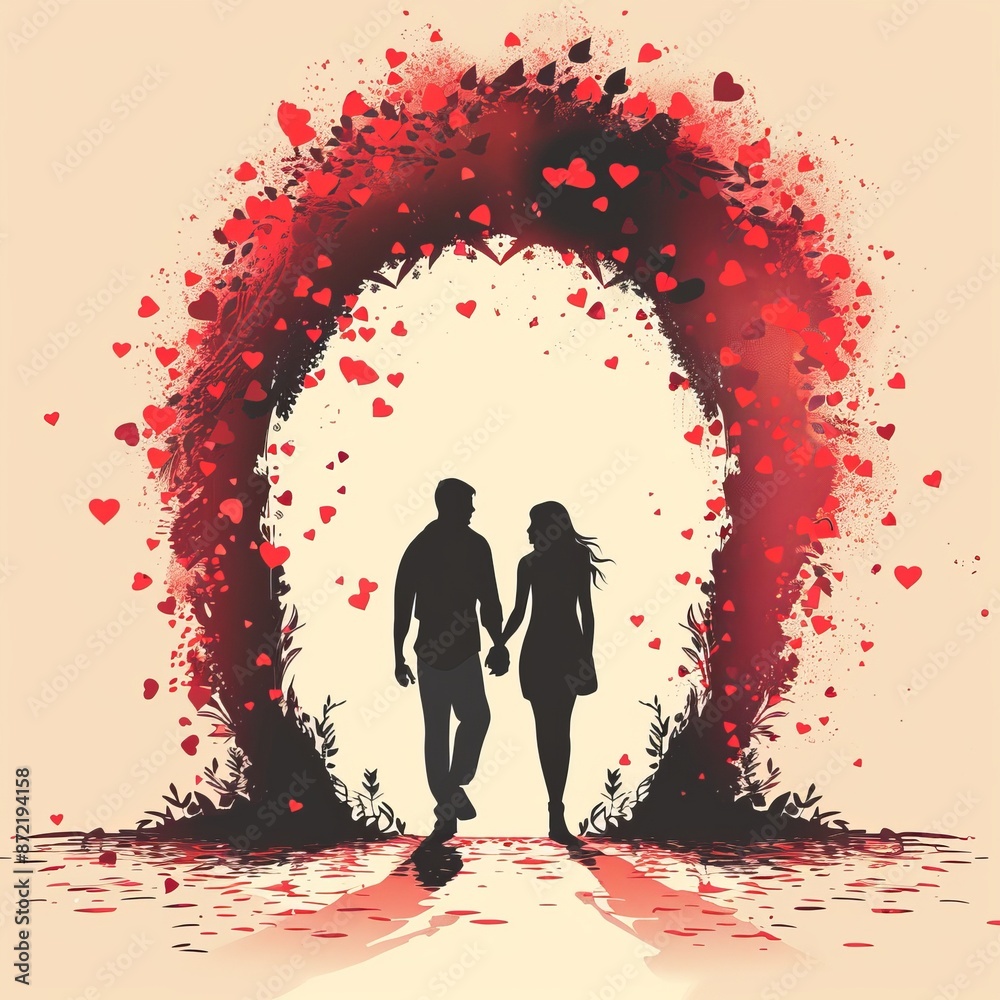 Couple's silhouette holding hands under a heart-shaped archway Couple's silhouette holding hands under a heart-shaped archway