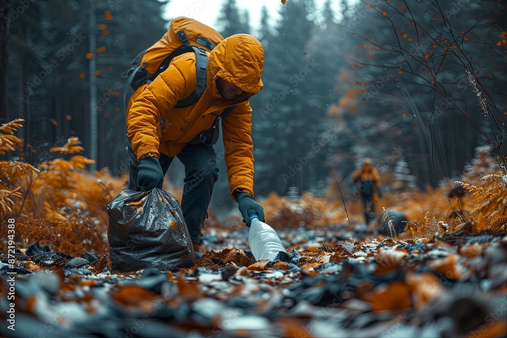 Man in a yellow jacket is picking up trash in a forest. Responsibility and care for the environment Man in a yellow jacket is picking up trash in a forest. Responsibility and care for the environment