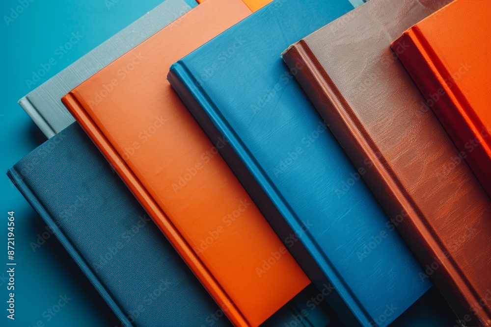 Fototapeta premium textbooks spread out on a table. subtle blue and orange colored accents