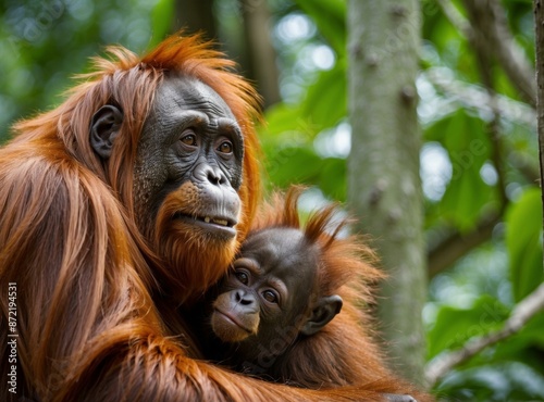 A mother orangutan holds her baby close. AI.