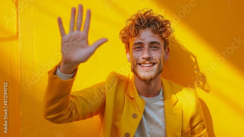  white man showing one hand five fingers to camera, happy, wear yellow suite photo