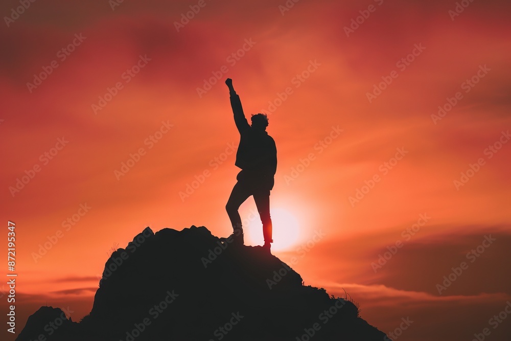Silhouette of a Person Celebrating on Mountain Peak at Sunset Silhouette of a Person Celebrating on Mountain Peak at Sunset