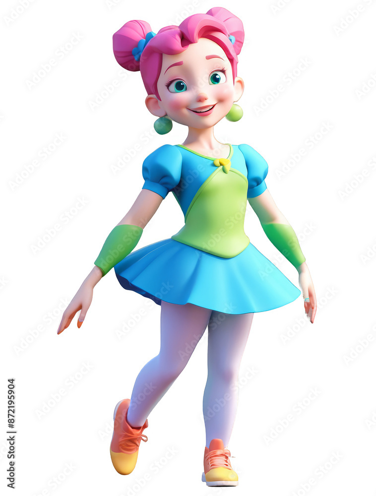 Cute cartoon girl with pink hair and blue eyes wearing a blue and green dress. Transparent background. AI. Cute cartoon girl with pink hair and blue eyes wearing a blue and green dress. Transparent background. AI.