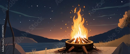 illustration bonfire in nnature with starry sky photo