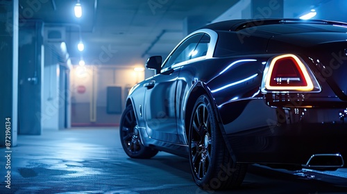 Luxury black car in modern parking garage illuminated by neon lights
