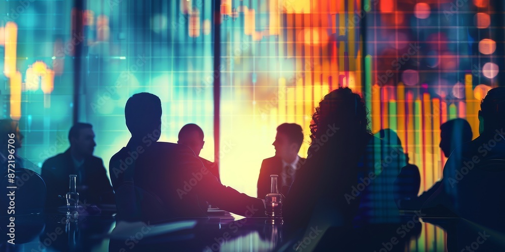 A group of people are sitting around a table with a large screen behind them A group of people are sitting around a table with a large screen behind them
