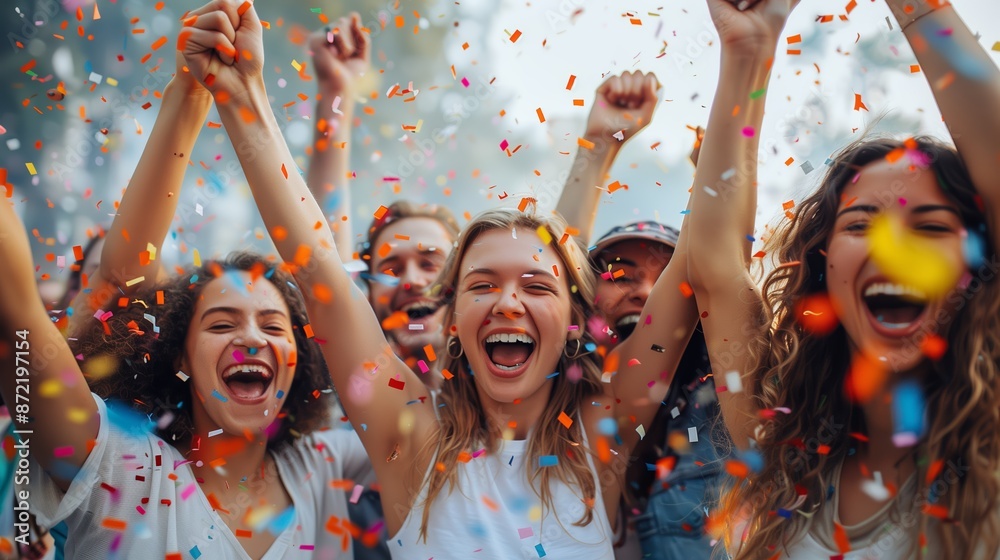 Happy Friends Celebrate With Confetti At Outdoor Event Happy Friends Celebrate With Confetti At Outdoor Event