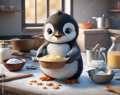 A penguin baking bread in the kitchen