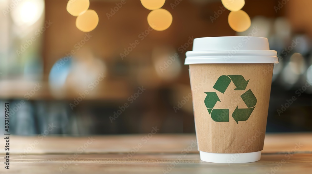 Eco-friendly coffee cup with recycling symbol placed on wooden table in cozy cafe with warm lighting. Sustainable take-away concept. Eco-friendly coffee cup with recycling symbol placed on wooden table in cozy cafe with warm lighting. Sustainable take-away concept.
