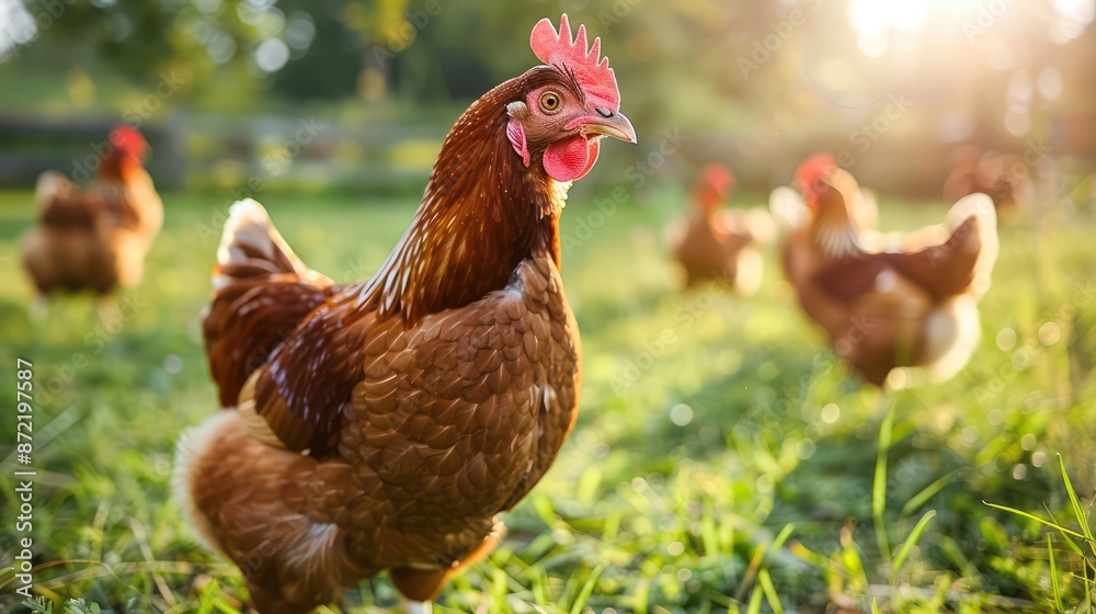 Fototapeta premium Brown chicken standing on green grass in a field with more chickens